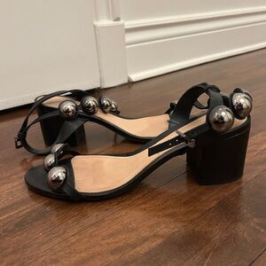 Black Block-Heel Sandals with Metallic Orb Accents